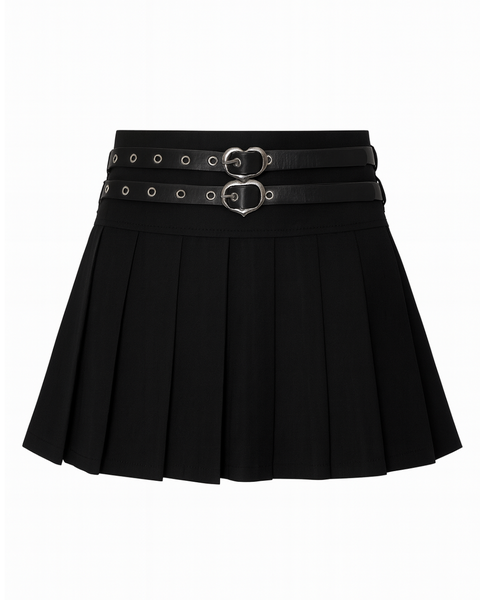 Killer Cat Pleated Mini Skirt with Buckles