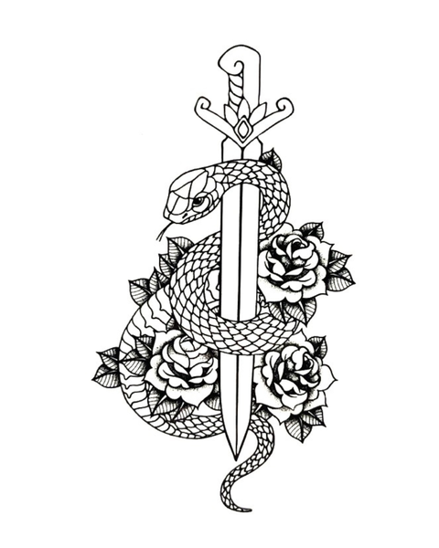 Temporary Tattoo  -Sword & Snake & Roses
